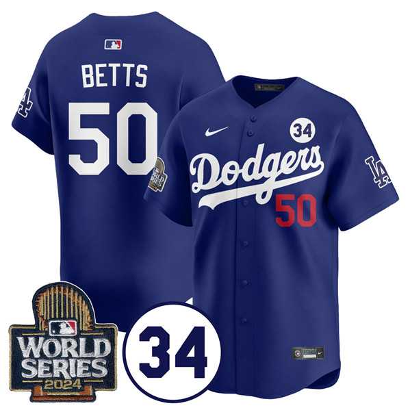 Men%27s Los Angeles Dodgers #50 Mookie Betts Royal 2024 World Series With No. 34 Patch Cool Base Stitched Jersey Dzhi->los angeles dodgers->MLB Jersey